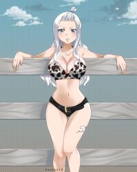 arms_behind_back belt bikini blue_eyes cow_girl cowgirl_position cute fairy_tail fence gaston18 leaning_back looking_at_viewer mirajane_strauss solo solo_female symmetry white_hair