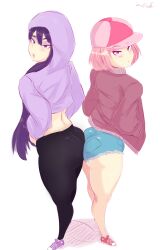 2girls ass ass_focus ass_to_ass asses_touching big_ass big_butt cap curvy denim_shorts doki_doki_literature_club drip eye_contact fat_ass female female_focus female_only hat headwear hoodie jacket jean_shorts large_ass leggings lewddoodler light-skinned_female light_skin long_hair looking_at_viewer natsuki_(doki_doki_literature_club) pink_eyes pink_hair pov_eye_contact purple_eyes purple_hair short_hair shorts side_view simple_background streetwear tagme thick_ass thick_thighs thighs voluptuous white_background yuri_(doki_doki_literature_club)