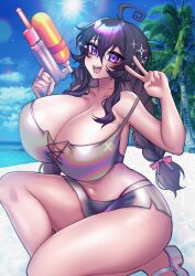 1girls 2022 ahoge beach blush braided_twintails breasts cleavage crawling_dreams female female_only hips holding_object huge_breasts long_hair looking_at_viewer messy_hair nyarla_(crawling_dreams) osiimi outdoors pale-skinned_female pale_skin peace_sign purple_eyes purple_hair slim_waist smile thick_thighs thighs twintails v very_long_hair water_gun wide_hips