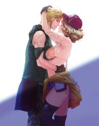 1boy1girl 1girls almost_kissing arm_around_neck bikini_top blonde_couple blonde_female blonde_female/blonde_male blonde_hair bra breasts cindy_aurum embrace female final_fantasy final_fantasy_xv gloves hand_on_waist hat imminent_kiss male/female prompto_argentum romantic sensual short_shorts side_view sideboob spykeee square_enix straight suggestive thighhighs underboob wholesome