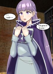 1ch 1girls bangs book breasts cage english_text female female_only fire_emblem fire_emblem:_the_binding_blade imminent_rape imminent_sex indoors large_breasts long_hair magicalfrontli1 nintendo open_mouth purple_eyes purple_hair rape solo sophia_(fire_emblem) text translated very_long_hair