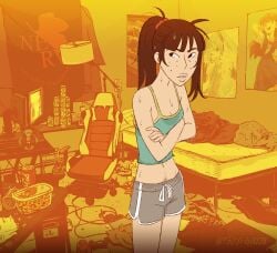 1girls 2022 artist_name bangs bare_legs bare_shoulders buckteeth cleavage eye_bags female freckles hitsujigoods kara_eklund_(hitsujigoods) messy_room neet_girl ponytail pubic_hair red_hairband small_breasts solo sweat sweat_stain treasure_trail