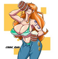 adel_kydo alcohol beer big_breasts bikini bikini_top female female_only jeans long_hair nami one_piece orange_hair striped_bikini tattoo