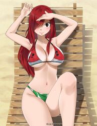 1girls beach big_breasts bikini cute erza_scarlet fairy_tail female female_only gaston18 long_hair looking_at_viewer melon one_eye_closed red_hair smile solo