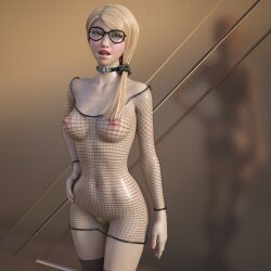 1girls 2020 3d belit blonde_hair blonde_pubic_hair blush choker female female_only fishnet_dress fishnets glasses hand_on_hip nude nude_female pale-skinned_female pale_skin pubic_hair slushe_(website) solo solo_female standing stylized wide_hips