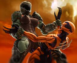 1boy 1girls armor combat combat_sex dark-skinned_female demon doom doom_slayer_(doom) fight helmet human imp_(doom) male/female muscular_female pussy rule_63 straight vaginal_penetration video_games