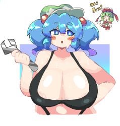 2girls blue_eyes blue_hair breasts female green_hair kagiyama_hina multiple_girls nitori_kawashiro notnoe_(dxcl) short_hair tank_top touhou twintails