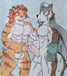 anthro asian_mythology balls canid canine canis dashthefox duo east_asian_mythology felid frottage gay genitals hi_res horkeukamui lifewonders male male/male male_only mammal muscular mythology nomad_(tokyo_afterschool_summoners) nude pantherine pecs penis sex simple_background tiger tokyo_afterschool_summoners traditional_media_(artwork) video_games wolf yaoi