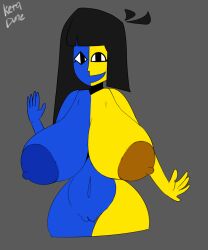 areola big_breasts black_eyes black_hair blue_skin breasts ena female female_focus female_only grey_background happy hi_res high_resolution highres hourglass_figure huge_breasts joel_g ketadune looking_at_viewer nipples smile thick thighs waving waving_at_viewer yellow_body