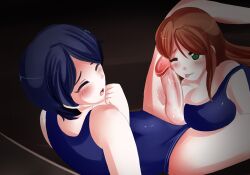 1futa 1girls big_penis blue_hair blush breasts brown_hair female futa_on_female futanari game_cg green_eyes large_penis licking_penis penis penis_on_face plum_(plum_tea) plum_tea rei_yukimura_(plum_tea) saintxtail saliva sex sukumizu swimsuit tongue_out wink yuri