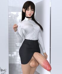 1futa 3d big_penis black_hair choker clothing futa_only futanari huge_cock human light-skinned_futanari light_skin long_hair mostly_clothed restroom_stall semi-erect skirt solo veiny_penis viiseon yuki_(viiseon)