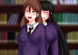 1futa 1girls ahe_gao aika_hoshida_(plum_tea) black_hair breasts brown_hair clothed futa_on_female futanari game_cg green_eyes implied_futanari implied_sex library plum_(plum_tea) plum_tea riding saintxtail saliva sex sitting_on_lap sitting_on_person yuri