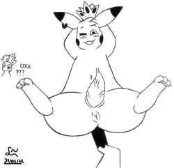 anus big_penis blush blush_lines bodily_fluids crown dated ear_piercing ear_ring eyelashes feral genital_fluids genitals hair happy hindpaw jewelry leaking_precum lilya_nida lilya_nida_(artist) lying male monochrome navel nidorina nintendo on_back one_eye_closed pawpads paws penis piercing pikachu pokémon_(species) pokemon precum precum_on_penis prehensile_penis puffy_anus question_mark reymond_nighthawk_(rayymond) signature simple_background smile smug solo solo_focus vein veiny_penis video_games white_background