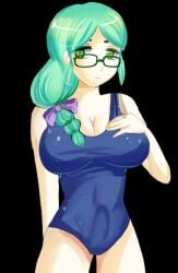 1futa big_breasts breasts bulge futanari glasses green_eyes green_hair hand_on_breast huge_breasts large_breasts misaki_(plum_tea) penis plum_tea saintxtail sprite sprite_art sukumizu sweat swimsuit wet