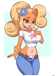 1girls 2022 5_fingers absurd_res accessory activision anthro belt big_breasts bodily_fluids bottomwear breasts busty child_bearing_hips clothed clothing coco_bandicoot crash_(series) female fingers flower flower_in_hair fluffy fluffy_tail fur furry furry_only green_eyes hair hair_accessory half-closed_eyes hi_res hips large_breasts legs long_hair mammal marsupial midriff narrowed_eyes navel open_mouth orange_body pants plant sensual shirt signature simmsy simmsyboy simple_background solo sweat tail thick_thighs thighs topwear video_games voluptuous