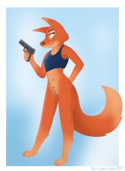 anthro bottomless canid canine clothed clothing diane_foxington dreamworks female fox fur genitals gun hi_res mammal orange_body orange_fur partially_clothed piercing pussy ranged_weapon simple_background smile smirk solo the_bad_guys vixeyhuskybutt_(artist) weapon