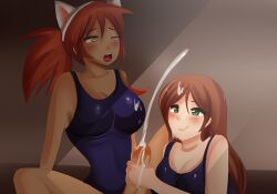 1futa 1girls amber_eyes breasts brown_hair cum cum_on_face cum_on_hair cumshot dark-skinned_futanari dark_skin female futanari game_cg hand_on_penis handjob licking_lips nekomimi orange_hair plum_(plum_tea) plum_tea saintxtail sex sukumizu suzu_(plum_tea) swimsuit yuri