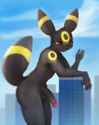 2022 balls black_body black_fur building city cloud eeveelution fur fur_markings genitals hi_res macro markings nintendo open_mouth penis pokémon_(species) pokemon sky skyscraper ti-suger umbreon vein veiny_penis video_games yellow_body yellow_fur