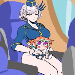 bare_legs boobs_on_head breasts_on_head flight_attendant hololive hololive_english hololive_indonesia hololive_indonesia_holoro hololive_myth no_pants pavolia_reine peagade sitting_on_lap tagme takanashi_kiara virtual_youtuber