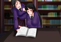 1girls 2futas aika_hoshida_(plum_tea) black_hair blush embarrassed female futanari game_cg hidden implied_fellatio laugh laughing library plum_tea red_eyes saintxtail school_uniform schoolgirl secretly_loves_it sitting yuri