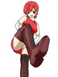 1girls bare_thighs boots breasts elbow_gloves est_(fire_emblem) female female_only fire_emblem fire_emblem:_mystery_of_the_emblem fire_emblem:_shadow_dragon_and_the_blade_of_light gloves kenchu looking_at_viewer nintendo no_panties pussy red_eyes red_hair short_hair small_breasts smile solo stepped_on thigh_boots thighs upskirt