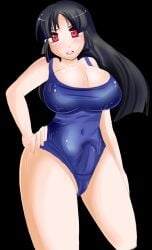 1futa aika_hoshida_(plum_tea) big_breasts black_hair breasts bulge futanari hand_on_hip huge_breasts large_breasts looking_at_viewer navel penis plum_tea red_eyes saintxtail sprite sprite_art sukumizu sweat swimsuit wet