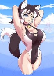 armpits arms_up beach black_hair breasts cat_bell cat_ears cat_humanoid cat_tail catgirl cleavage clothed collar digital_media_(artwork) feline feline_humanoid female female_focus female_only heterochromia humanoid kat_(mazume) large_breasts light-skinned_female looking_at_viewer mammal mammal_humanoid mazume monster_girl multicolored_hair navel one-piece_swimsuit outside tagme white_hair