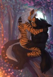 absurd_res anthro black_body black_fur black_nose canid canine canis closed_eyes detailed_background digital_media_(artwork) duo enrique-terrafino forest fur grass hair hand_on_back hand_on_leg hand_on_thigh hi_res hyaenid jewelry kinsheph kissing kuro-tomo male male/male mammal moon necklace night nude outside plant romantic romantic_ambiance romantic_couple sky star tree white_body white_fur white_hair wolf