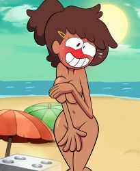 1girls aged_up amphibia amphibia_(finale) amphibia_(season_3) anne_boonchuy beach bean_smile bikini_malfunction blush blushing blushing_at_viewer covering_self dark-skinned_female dark_skin embarrassed embarrassed_nude_female enf female female_only grimphantom hourglass_figure nude straight_hair teeth