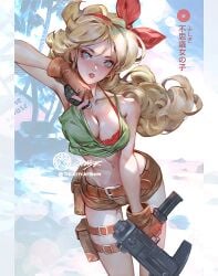 1girls abs athletic athletic_female bad_launch big_breasts blonde_hair cleavage dragon_ball dragon_ball_z female female_only gun launch light-skinned_female lunch_(dragon_ball) midriff painting_(artwork) short_shorts solo thejettyjetshow