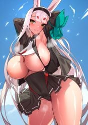 absurdres alternate_breast_size animal_ears armpits arms_behind_head arms_up azur_lane blush breasts bunny_ears bunny_girl covered_navel curvy female hairband highleg highleg_panties highres jacket long_hair microskirt older open_clothes open_jacket panties panties_over_clothes powergene powzin rabbit_ears rabbit_girl red_panties shimakaze_(azur_lane) skirt smile solo thick_thighs thighs underboob underwear very_long_hair white_hair yellow_eyes