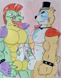 anthro balls crocodile crocodilian crocodylid dashthefox drawn duo five_nights_at_freddy's five_nights_at_freddy's:_security_breach freddy_(fnaf) frottage genitals glamrock_freddy_(fnaf) hi_res male male/male mammal montgomery_gator_(fnaf) muscular nude pecs penis reptile scalie scottgames sex simple_background traditional_media_(artwork) ursid video_games