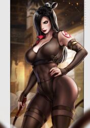 1girls abs avatar_the_last_airbender big_ass big_breasts black_hair cleavage clothing dandon_fuga female hair_covering_one_eye hand_on_hip holding_whip june_(avatar) large_breasts long_hair nickelodeon stockings tattoo thick_thighs whip