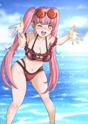 alternate_costume bikini breasts chascoby female female_only fire_emblem fire_emblem:_three_houses fire_emblem_heroes hilda_valentine_goneril hilda_valentine_goneril_(summer) nintendo official_alternate_costume one_eye_closed open_mouth pink_bikini pink_hair pink_swimsuit solo swimsuit