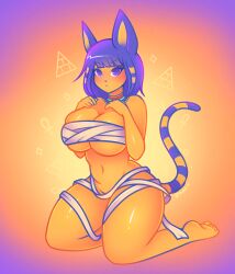 1girls animal_crossing animal_humanoid ankha ankha_(animal_crossing) anthro bandage belly big_breasts blue_eyes blue_hair blush breast_squish breasts cat_humanoid cat_tail clothed clothes_falling_off clothing feet felid felid_humanoid feline feline_humanoid female female_only fur hair hi_res hindpaw humanoid jewelry mammal mammal_humanoid markings mummy mummy_costume mummy_wrappings navel necklace nintendo no_underwear paws pouting shy slightly_chubby solo solo_female squish striped_markings striped_tail stripes tail_markings thick_thighs undead under_boob video_games wardrobe_malfunction wide_hips yellow_body yellow_fur zharxart