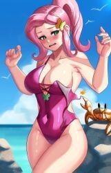 1girls assisted_exposure beach big_breasts breasts color crab crustacean embarrassed equestria_girls female female_only fluttershy_(eg) fluttershy_(mlp) friendship_is_magic hasbro human humanized iojknmiojknm my_little_pony one-piece_swimsuit open_mouth solo standing straight_hair swimsuit swimwear wardrobe_malfunction water