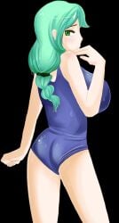 1futa ass big_breasts breasts futanari green_eyes green_hair huge_breasts large_breasts misaki_(plum_tea) plum_tea saintxtail sprite sprite_art sukumizu sweat swimsuit wet