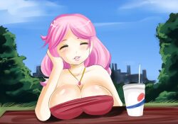 1futa big_breasts breasts breasts_bigger_than_head breasts_on_table cleavage dress drink fumiko_fujimoto_(plum_tea) futanari game_cg hand_on_face hand_on_hair huge_breasts large_breasts lipstick necklace outdoors outside plum_tea saintxtail sitting