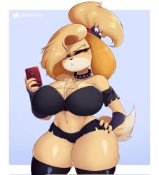 absurd_res animal_crossing anthro big_breasts blonde_hair bottomwear breasts canid canine canis cleavage clothed clothing collar domestic_dog female female_focus female_only fur furry furry_only gammainks goth gothabelle gothic hair helluva_boss hi_res highres holding_object holding_phone hotpants inverted_pentagram isabelle_(animal_crossing) large_breasts legwear loona_(helluva_boss) mammal nintendo off_shoulder pentagram phone profanity shih_tzu shorts simple_background solo spiked_collar spikes squish tail thick_thighs thighhighs thunder_thighs video_games wide_hips