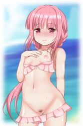 bangs bikini bikini_pull blunt_bangs blush braid breasts clothes_pull female female_pubic_hair highres kokubo long_hair magia_record:_mahou_shoujo_madoka_magica_gaiden mahou_shoujo_madoka_magica mismatched_pubic_hair navel nipples pink_eyes pink_hair pubic_hair pussy sidelocks small_breasts solo swimsuit tamaki_iroha