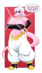 ahoge android_21 breasts cleavage dragon_ball dragon_ball_fighterz hand_on_hip hi_res high_heel_boots high_heels jewelry kobi-tfs large_breasts looking_at_viewer majin_android_21 monster_girl pink_skin red_eyes silver_hair tail text tongue_out transformation valerie_(kobi) wide_hips