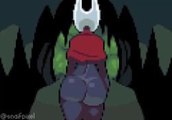 1girls 2022 animated anthro artist_signature ass ass_focus ass_shake black_body bottomless bottomless_female cape casual cave clothing dark_skin detailed_background facing_away female from_behind functionally_nude hollow_knight hornet_(hollow_knight) insect loop outerwear pixel_art snaif solo spider team_cherry walking