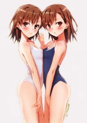 2020 2girls ass backlighting bare_shoulders bare_thighs blue_swimsuit blush breast_press breasts brown_eyes brown_hair cleavage clone competition_school_swimsuit cowboy_shot eyebrows_visible_through_hair female from_side hi_res hips isshi_pyuma knees_out_of_frame lips looking_at_viewer misaka_imouto misaka_mikoto one-piece_swimsuit parted_lips school_swimsuit short_hair simple_background small_breasts standing swimsuit symmetrical_docking symmetry teenage_girl teenager thighs to_aru_kagaku_no_railgun to_aru_majutsu_no_index twitter_username white_background white_school_swimsuit white_swimsuit young