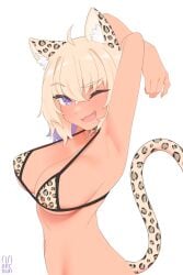 ;d absurdres animal_ears animal_print arcbun armpits arms_behind_head bangs bikini blonde_female blonde_hair breasts cat_ears cat_tail cleavage collar dark-skinned_female dark_skin eyebrows_visible_through_hair female gyaru highres hololive hololive_gamers hololive_japan large_breasts leopard_print looking_at_viewer multicolored_hair navel nekomata_okayu oerba_yun_fang one_eye_closed open_mouth purple_eyes purple_hair simple_background smile solo swimsuit tail two-tone_hair virtual_youtuber white_background