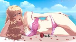 bangs beach blonde_hair blue_eyes bra breasts cleavage cowboy_bebop curls curly_hair female happyboynumber1 julia_(cowboy_bebop) lace lingerie outdoors outside panties rose rose_petals thighs