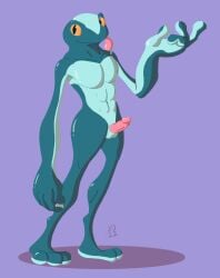 abs absurd_res amphibian amphibian_humanoid animal_humanoid anthro frog frog_humanoid genitals hi_res humanoid jared_dillon lineless male pecs penis shaded simple_background simple_shading solo tongue tongue_out