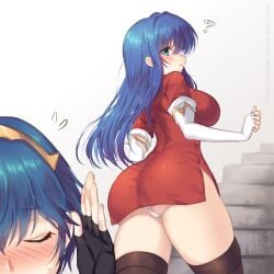 1boy 1girls ? ass awayuki_ramika back_view bangs bare_thighs blue_eyes blue_hair blush breasts brown_legwear caeda_(fire_emblem) cameltoe closed_eyes confusion dress elbow_gloves embarrassed female female_focus fingerless_gloves fire_emblem fire_emblem:_mystery_of_the_emblem fire_emblem:_shadow_dragon_and_the_blade_of_light flying_sweatdrops gloves large_ass large_breasts long_hair looking_at_another looking_back male marth_(fire_emblem) nintendo panties pantyshot pantyshot_(standing) pelvic_curtain short_dress short_sleeves side_slit simple_background solo_focus sweatdrop thick_thighs thighhighs thighs underwear upskirt white_background white_gloves white_panties