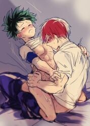 2boys abs anal anal_penetration anal_sex ass bare_chest bare_legs bed bite_mark blush bodily_fluids bottomless chest closed_eyes cum curly_hair embarrassed embarrassed_male freckles frizzy_hair gay gay_sex green_hair indoors izuku_midoriya legs legwear muscle my_hero_academia nipple_sucking nipples nude on_bed penetration penis red_hair scar semen shouto_todoroki sitting sports_uniform sucking_nipples sweat tears teenage teenage_boy teenager white_hair white_shirt yaoi young