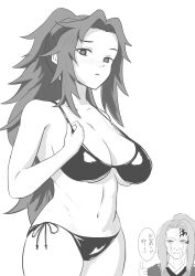 1boy 1girls big_breasts bikini blush brother_and_sister cleavage demon_slayer female genderswap_(mtf) greyscale japanese_text kimetsu_no_yaiba long_hair looking_at_viewer male michikatsu_tsugikuni monochrome older_male pervert ponytail rule_63 siblings side-tie_bikini spiky_hair swimsuit underboob yoriichi_tsugikuni