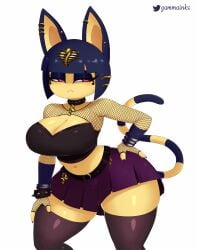 2021 :< absurd_res animal_crossing ankha ankha_(animal_crossing) anthro big_breasts blue_eyeshadow blue_hair bob_cut bottomwear bracelet breasts cleavage clothed clothing collar curvy domestic_cat ear_piercing egyptian eyeshadow felid feline felis female female_focus female_only fishnet_shirt fishnets fur furry furry_only gammainks goth goth_ankha gothic gothified hair hand_on_hip hi_res highres hourglass_figure legwear looking_to_the_side mammal miniskirt nintendo piercing pink_eyes purple_legwear purple_skirt purple_thighhighs short_hair simple_background skirt solo spiked_bracelet spiked_collar spikes stockings tail thick_thighs thighhighs thunder_thighs video_games voluptuous white_background wide_hips